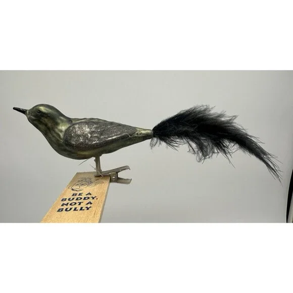3 Blown Glass Bird Clip On Ornaments Feather Tails Gold & Black Glitter Vintage - Picture 10 of 16